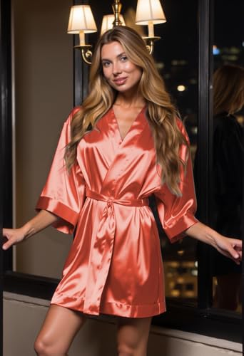 Image of Turquaz Women's Bride Bridesmaids Robe - Satin Kimono Robes for Wedding & Bridal Party Silk Like Lightweight Robes for Women, Coral, Small