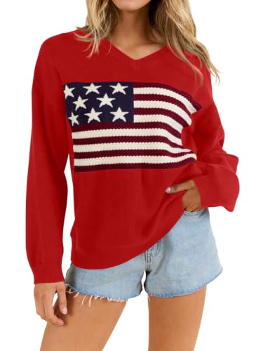 Image of Dressmine Womens American Flag Knit Sweater Crew Neck Long Sleeve Pullover
