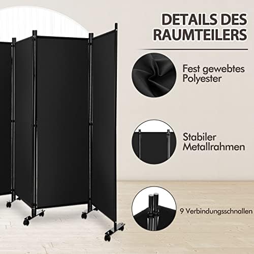 FANTASK 225 x 173 cm Biombo con Ruedas, biombo de 4 Piezas, Plegable, de Tela, Color Negro