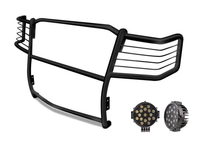 Image of Black Horse Grille Brush Bumper Guard Modular Black Come with Pair of 7.0 inch LED Lights with Black Trim Rings Compatible with 1999-2007 Ford F-250 SD|1999-2004 Ford F-350 /F-450 /F-550 SD-17FB23MA-PLB