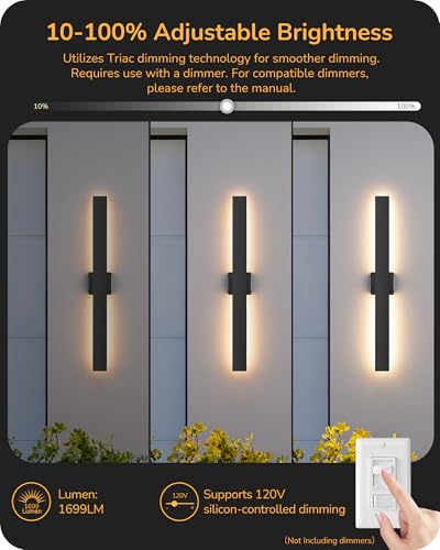 Image of EDISHINE 31.5 inch LED Outdoor Wall Lights, Modern Exterior Light Fixtures | 2 Pack, 3CCT & 10%-100% Dimmable, IP65 Waterproof, Back Light, Memory Function, Long Exterior Lighting Fixtures for Garage