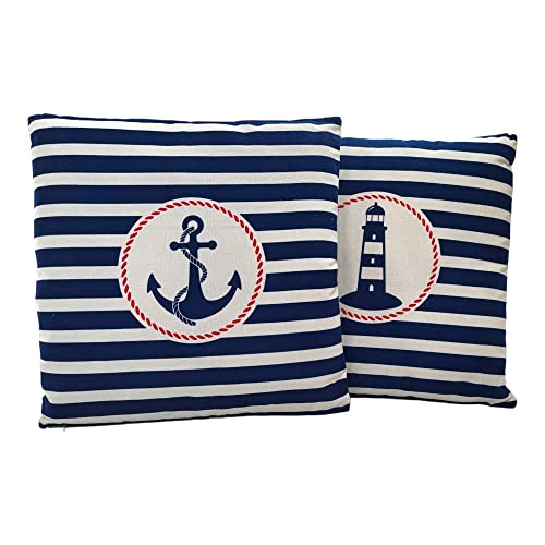 BUSDUGA 4271 2er Set Kissen Anker und Leuchtturm im maritimen Design, 40x40cm, blau weiß/Creme gestreift, 2 Stück…