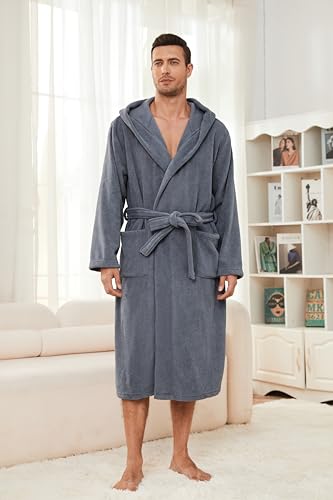 U2SKIIN Mens Hooded Robe, Soft Warm Men Bathrobe Long Fluffy Loungwear2