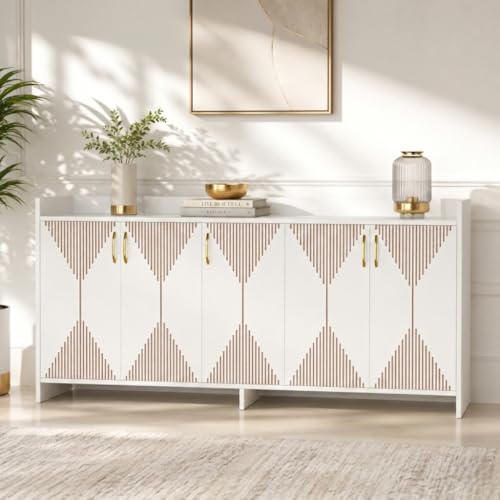 Image of Spyder Craft Mid-Century Modern 5-Door Sideboard Buffet - Geometric Diamond Pattern Credenza with Gold Hardware & Tapered Legs - Large Wood Storage Cabinet for Living Room, Dining Room- White