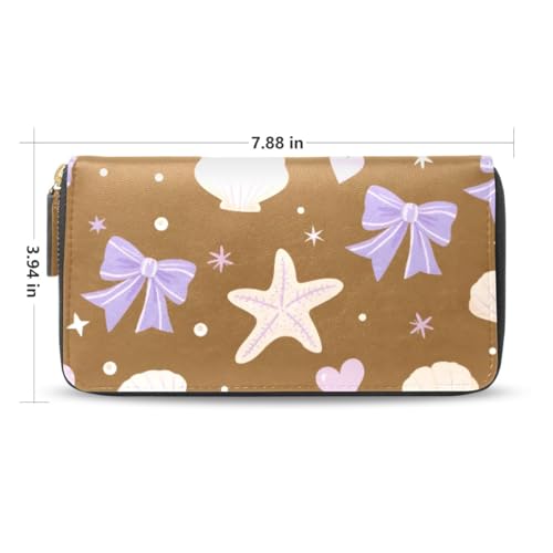 Long Wallets Leather Bifold Wallet for Women Bow Shell Beige with Zipper Credit Card Holder Large Capacity2