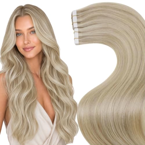 Image of LaaVoo Blonde Tape in Hair Extensions Human Hair Dark Ash Blonde Highlighted with Light Blonde Tape ins Human Hair Extensions Double Wefts 12 Inch 20pcs 30g