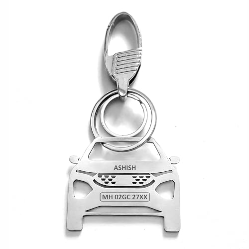 Image of PRINTHUA Personalized Stainless Steel Car Keychain - Customize Your Car Number Plate on Car Model Keychain, Gift for Car Lovers, Family Members & Loved Ones, Silver