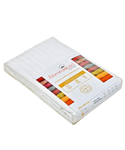Image of Ahmedabad Cotton Premium Sparkling White Sateen Striped Double Bedsheet