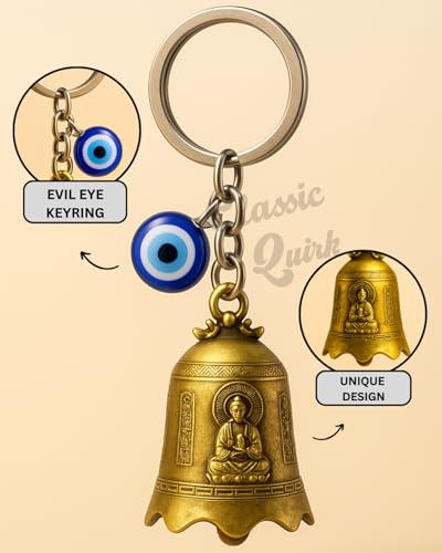 Image of Evil Eye Hooked Guardian Bell Keychain - Protective Lucky Charm Bell with Clip Hook for Bike, Car, Key & Bag | Spiritual Good Luck Talisman Gift