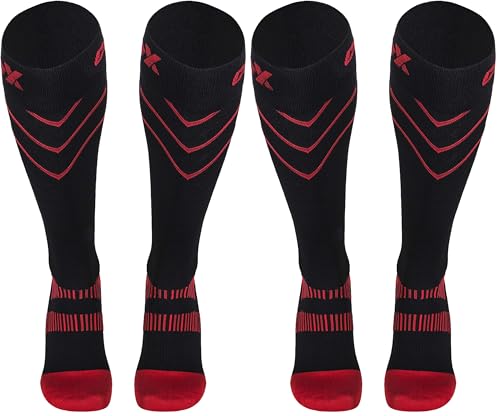 Image of CSX 20-30 mmHg Compression Socks for Men and Women, Knee High, Recovery Support, Athletic Sport Fit, Red on Black, Small (20-30 mmHg) (Pack of 2)