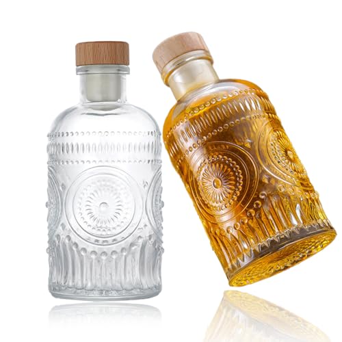 2Pcs 6 ozGlass Bottles, Clear Glass Bottles, 200ml Heavy Base Glass Bottles with T-Top Cap, Empty Whiskey Bottle for Wine Beverages Drinks Oil Vinegar Kombucha Beer Water Soda