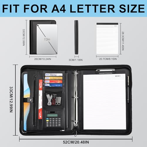 Image of Eshow Padfolio for Men Women, Leather Portfolio with Zipper - Professional Interview Resume Organizer with Card Holder, Writing Pad & File Folders for Business, Lawyer, Student