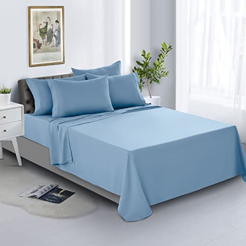 Lux Decor Collection Bed Sheets - 6 Pc Queen Size Sheets - 1800 Thread Count Brushed Microfiber Sheets - 16 Inches Deep Pocket Bedding Sheets & Pillowcases (Queen, Plain Blue) #TOP3