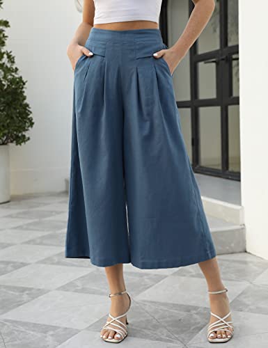 Gihuo Women' s Culottes Linen Blend Wide Leg Pants Elastic Waist Casual Palazzo Trousers with Pockets Capris2