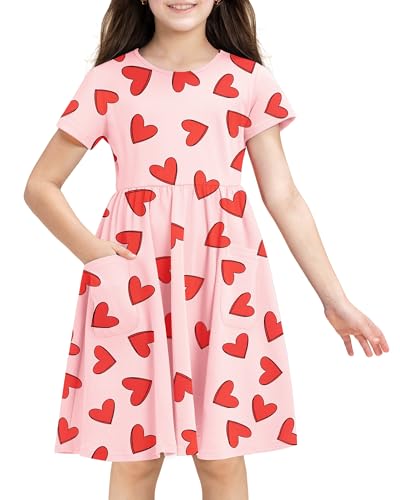 Stelle Girls Dresses Cotton Short Sleeve Dress Cute Midi Casual Sundress with 2 Pockets