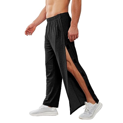 Deyeek Mens Tear Away Pants 2 Side Snap Open Bottom Sweatpants Loose Fit Casual Post Surgery Pants with Pockets Black