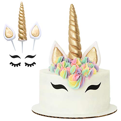 Unicorn Cake Topper with Eyelashes | Handmade Unicorn Cake Decorations, Gold Unicorn Horn, Ears, 2 Sets of Unicorn Eyelashes, Reusable Unicornio Party Decorations for Kids Birthdays