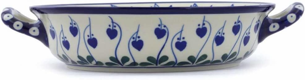 Polmedia Polish Pottery Round Baker with Handles - Bleeding Heart Peacock Pattern Handmade in Boleslawiec Poland by Ceramika Artystyczna + Certificate of Authenticity
