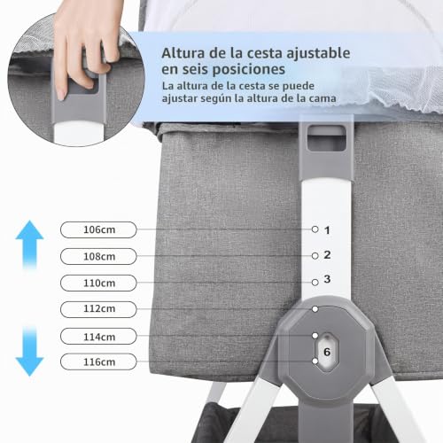 Miniatura 7 de Huole Cuna 3 En 1 Hasta 30 Kg, Cuna De Colecho, Cuna Mecedora, Ajuste De Altura E Inclinación Del Colchón, 4 Ruedas Con Freno, Colchón Ergonómico, Bolsa-80 40 100-115cm-Lino