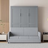 LZ LEISURE ZONE Full Size Murphy Bed, Wooden Full Murphy Bed with Cushion, Wall Bed with Sofa for Home Office or Small Room, Gray