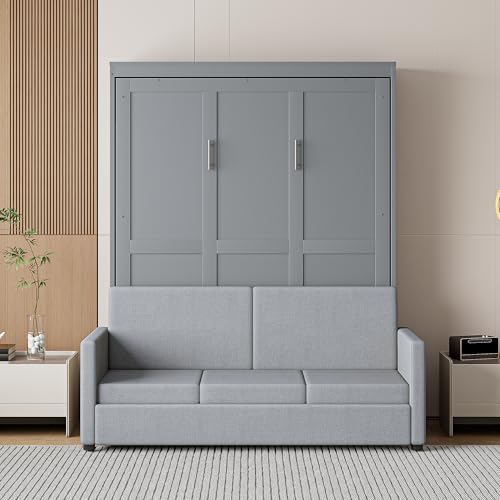 LZ LEISURE ZONE Full Size Murphy Bed, Wooden Full Murphy Bed with Cushion, Wall Bed with Sofa for Home Office or Small Room, Gray