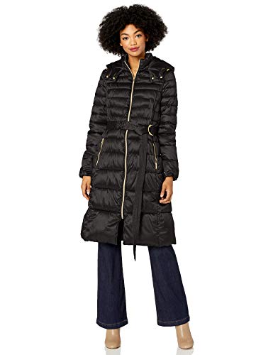 Cole Haan Women's Sateen Faux Down Belted Coat, Black, Medium