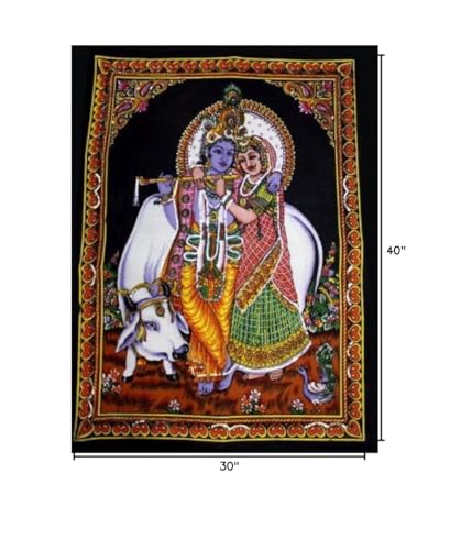 Krishna Radha Painting Art Handmade Miniature Hindu Indian Religious Ethnic Tapestry 40" X 30" - Image 3