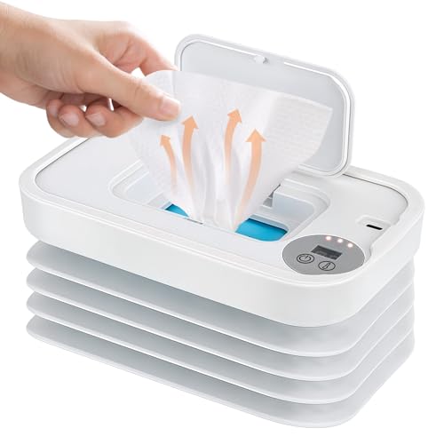 Baby Wipes Warmer 3 Adjustable Temperature USB Powered Heated Wipes Dispenser with Night Light and Display Folding Design Portable Wipe Warmer for Home Outdoor Travel (White)