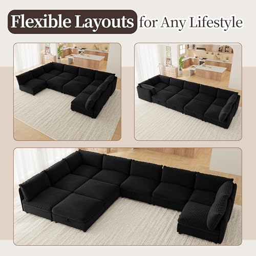 Image of Oversized Corduroy Modular Sectional Sofa Bed with Hidden Storage, Convertible L U Sleeper Couch, Modular Sofa 10 Seat Free Combination with Ottoman & Removable Covers for Living Room, Black