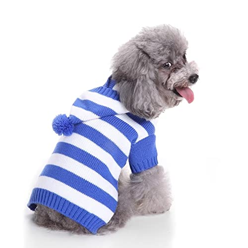 Cute Blue Stripe Christmas Sweater For Small Dogs Cats Winter Warm Sweater School Style Hoodies Shirt Outfits Clothes S #TOP1