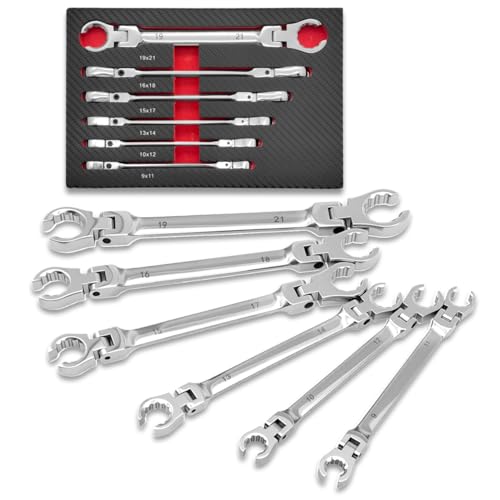 ZKTOOL 6PCS Double Open Movable Head Flexible Flare Nut Wrench Set Metric Wrench Set 9-21mm 180 Degree Rotating Head Applicable to 6PT & 12PT Kit For Most Of Compression Joint Fittingmovable