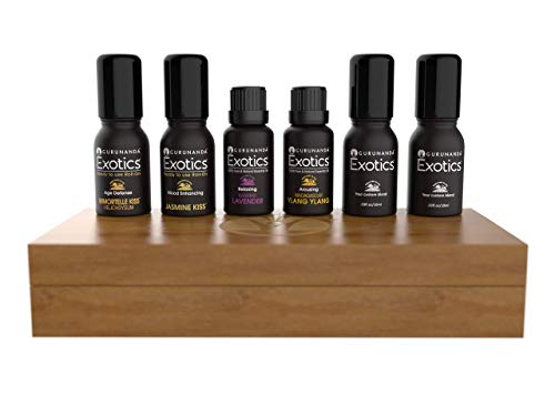 GuruNanda Essential Oil Set + Wooden Box - Rare & Premium Therapeutic Grade Oils for Aromatherapy Diffuser - Includes Immortelle - Jasmine - Lavender - Ylang Ylang - 2 Empty Bottles (LIMITED TIME)