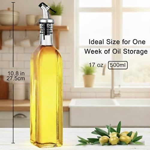 WERTIOO Olive Oil Dispenser Bottle,4Pack 17 OZ Glass Oil Dispenser for Kitchen with 4 Pourer,1 Stainless Steel Funnel & 1 Pen and 8 Label for Kitchen (500ml)