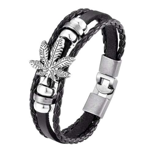 Bijoux homme bracelet en cuir tissé multi-couche et son pendentif feuille d'érable style vintage