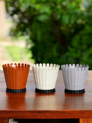 Image of TechHark Decorative Round Planter Pot with Picket Design, Gray with Black Base, 15 cm, Pack of 5