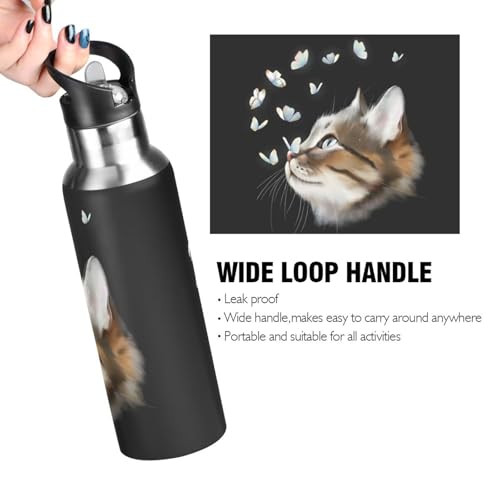 ALAZA Botella de Agua Térmica Aislada al Vacío con Pajilla, Acero Inoxidable, Capacidad 20 Ounzas, Estampado Gato con Mariposa miniatura 4