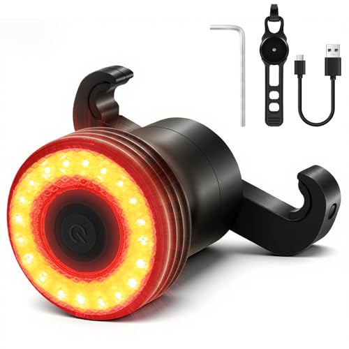 Ainiv Smart Bike Tail Light with Brake Sensor, Round Dual Mount, 5 Lighting Modes, USB C Rechargeable Bicycle Taillight, IPX6 Waterproof, Safety Warning Strobe Rear Bike Light for Night Riding Mount