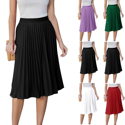 Pleated Skirts for Women Knee Length A Line Skirt Dressy Casual Summer Elastic High Waisted Work Skirts