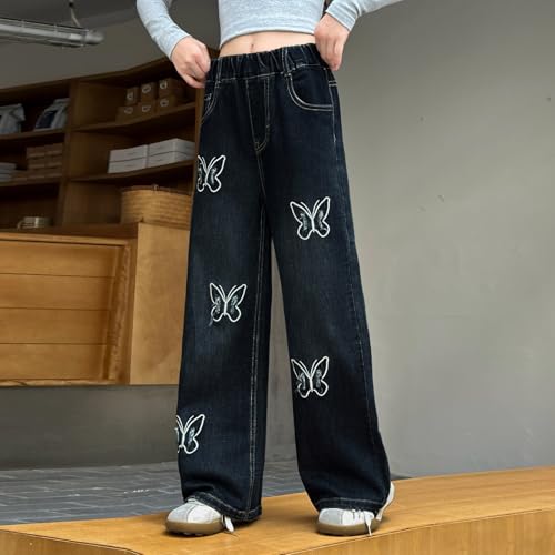 Girls Jeans Cute Butterflies Elastic Waist Straight Baggy Wide Leg Casual Kids Denim Pants2