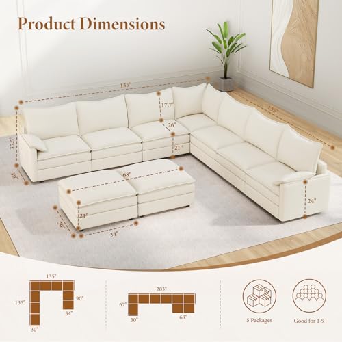 Image of Vesgantti Large Modular Sectional Sofa, Big Comfy Cloud Couch with Ottoman Deep Seat Chenille Cloud Sofa, 9 Seater Large Sectional Couches for Living Room, Bedroom and Apartment, Snow White
