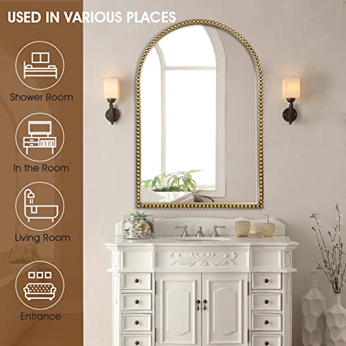 Arched Wall Mirror For Bathroom - 24"X36" Metal Beaded Frame Decorative Accent Mirror, Large Modern Rustic Distressed Hanging Wall Decor For Washroom, Bedroom, Living Room, Entryway, Antique Gold #TOP5