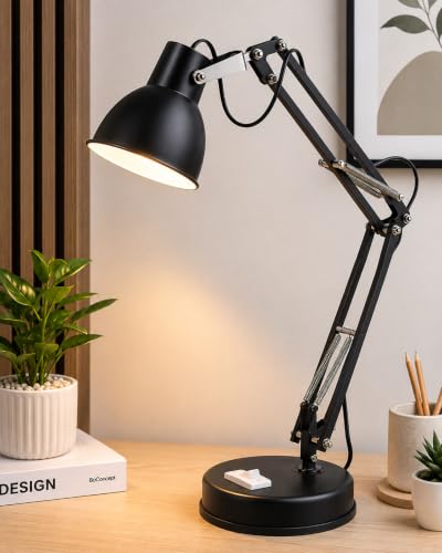 Image of AKR Matte Black LED Desk Lamp | Adjustable Swing Arm Study & Office Table Light with Stable Metal Body & Multi-Angle Design | Reading Lamp for Work Desk, Study Table & Home Use (Black)