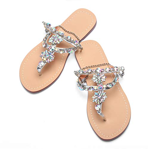 azmodo Women Bedazzled Bling Rhinestones Chains Thong Boho Beach Flat Bridal Crystal Gems Gladiator Summer Jewel Sandals… - Image 3