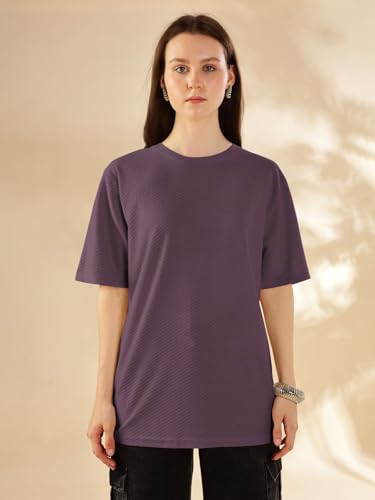 Image of HELLCAT Trendy Textured Half Sleeve Oversized Hexagon Waffle Crew Neck Tshirt for Women