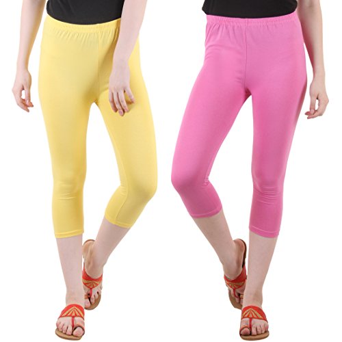 Image of DIAZ Women Cotton Stretchable Capri | Slim /Regular Fit | Breathable Yoga, Gym & Lounge Wear | High-Waist Stretchable 3 /4 Length Leggings with Wide Waistband - Pack of 2