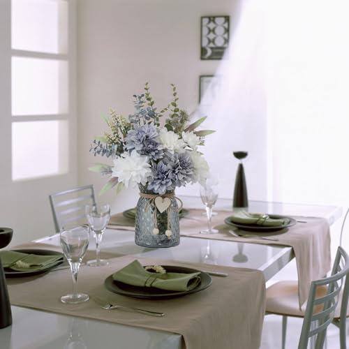 Fake Flowers in Vase,8 Dahlias,Silk Artificial Flowers in Vase,Centerpiece Table Decorations,Faux Flowers in Vase with a Flower Arrangement Holder - Image 3