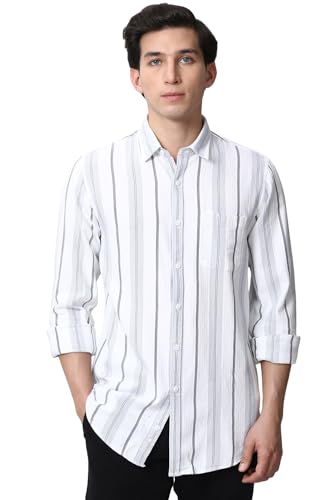 Image of Peter England Men's Linen Blend Shirt | Subtle Stripes | Full Sleeves