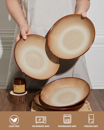 Image of Pokini 16 Piece Double Bowl Plates and Bowls Sets, Ceramic Dinnerware Sets with Pasta Bowls, Dishwasher & Microwave Safe Dish Set, Scratch Resistant Stoneware Plate Set, Service for 4 Brown Yellow