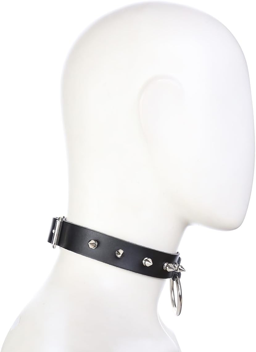 BDSM Black Neck Cover, Genuine Leather Traction Chain, Couple Adjustable Pointed Nail Collar, Women's Punk Style