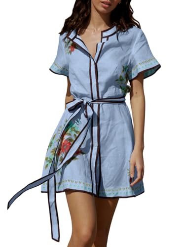CHARTOU Women's Floral Linen Button Down Wrap Tie Knot Boho Beach Shirt Dress with Belt